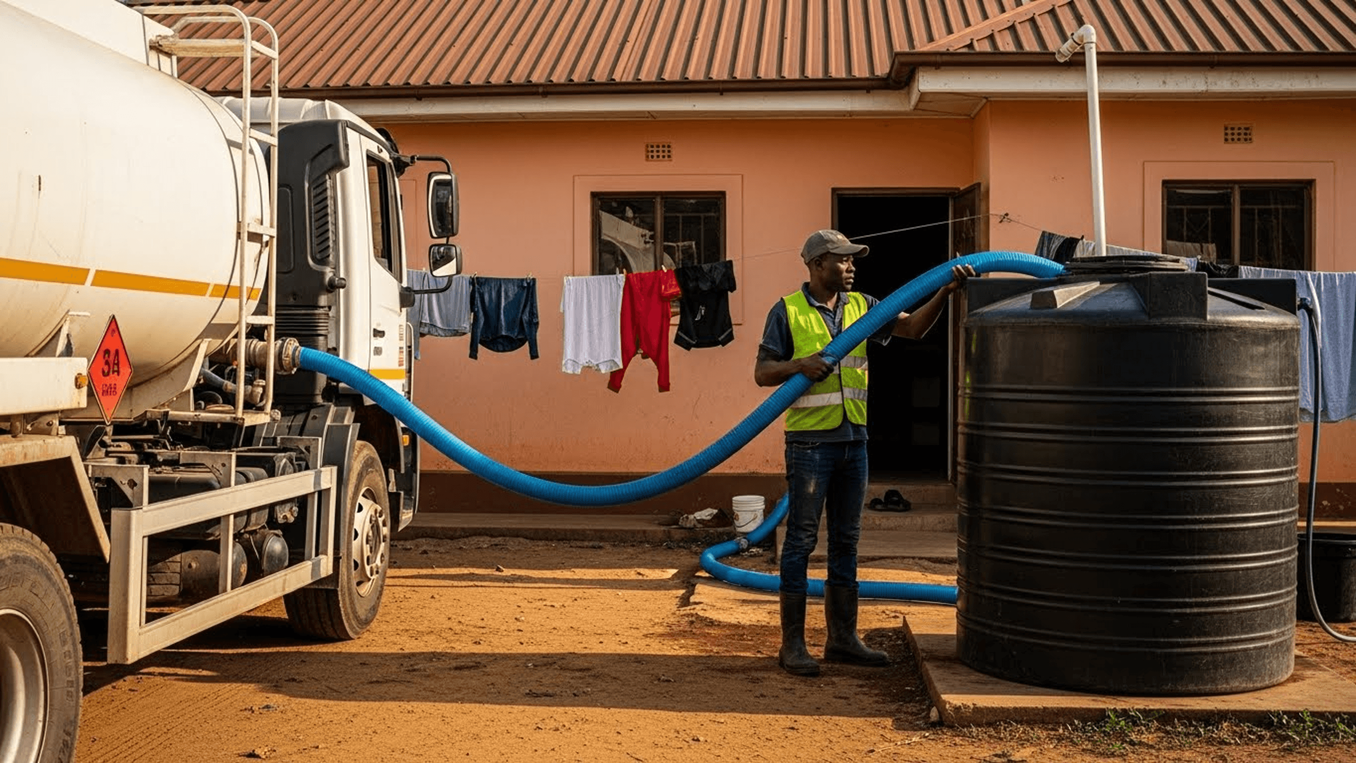Water tanker delivering to a home